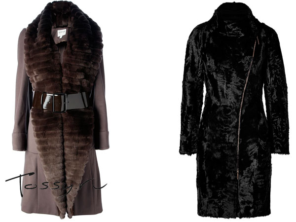 Коричневое пальто с поясом и черное из меха каракули
